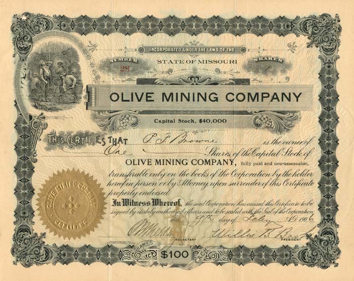 Olive Mining Co. - Stock Certificate